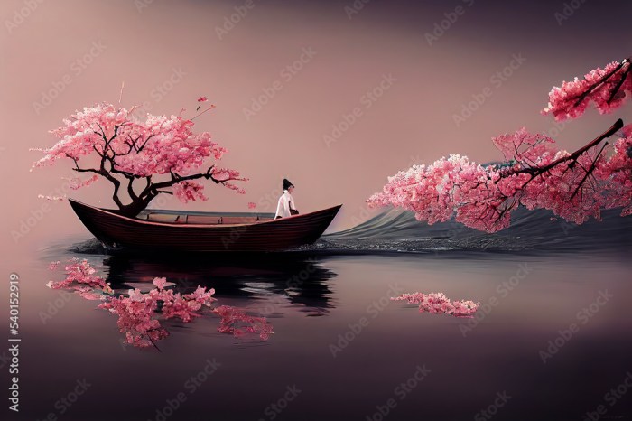 Simplistic Japanese aesthetic illustration featuring sakura trees and a boat in a calm and ...